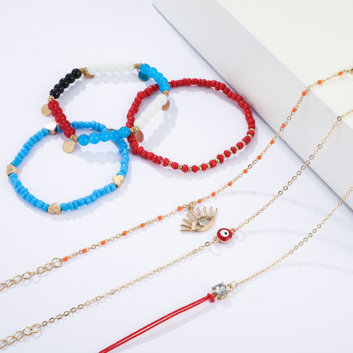 Title 2, Colorful Beaded Fringe Eye Geometric Anklet, a ...