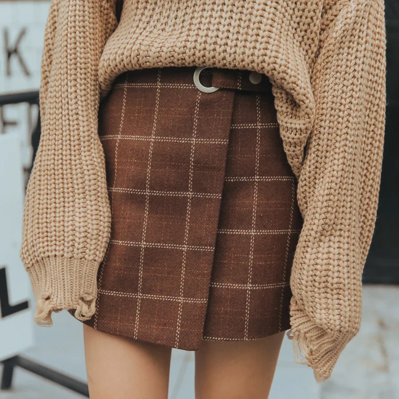 Gonna a quadri spessa autunno inverno, stile retrò coreano, a vita alta, a trapezio, perfetta per un look elegante e caldo.