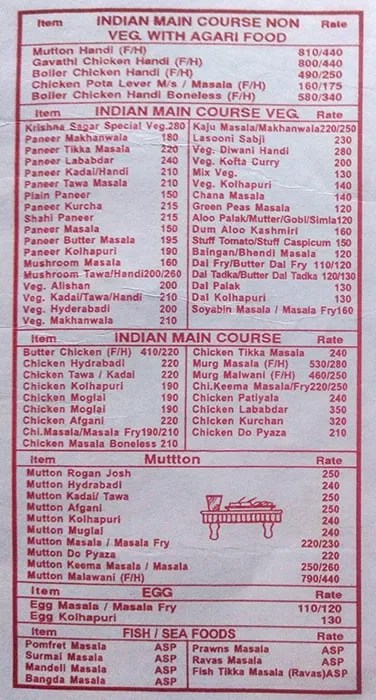 Krishna Sagar Family Restaurant And Bar menu 