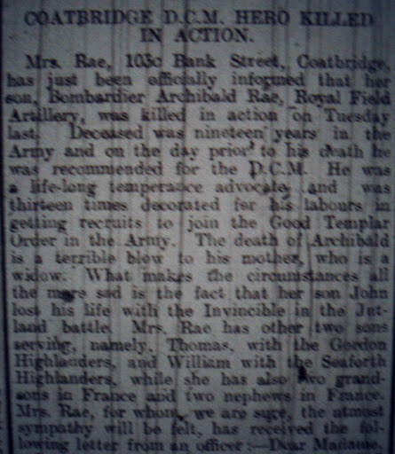 Archibald  Rae D.C.M. newspaper clipping