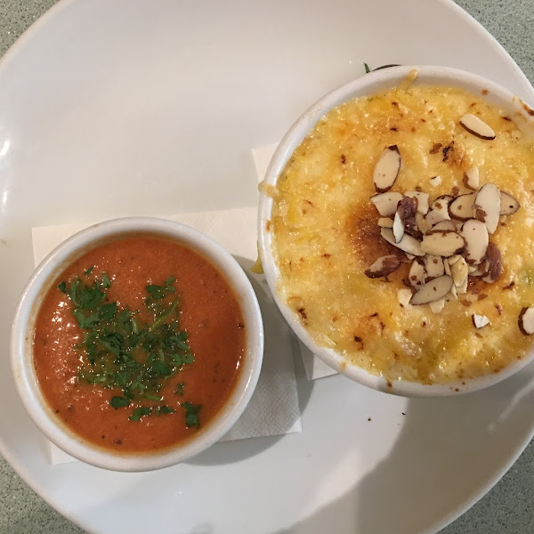 Mac & Cheese with Tomato Chipotle Soup. 
Mac & Cheese is quinoa pasta with Cheddar, Jack and Parmesan cheese with toasted almond crust.