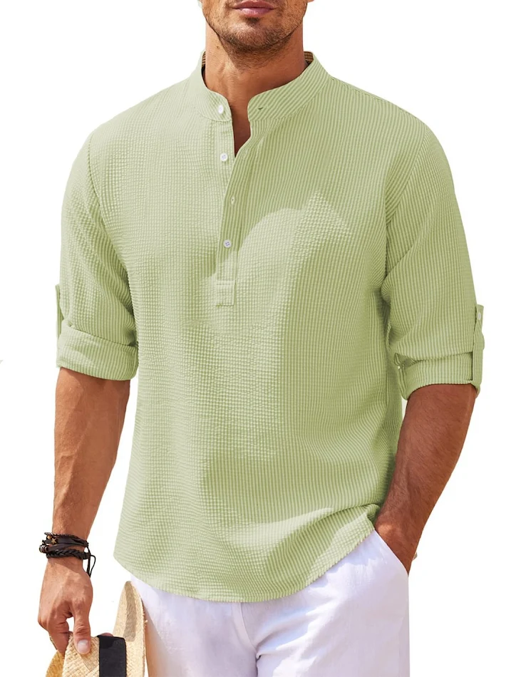 Camisa Casual de Hombre Manga Larga Cuello Mao Color Sólido Ropa Masculina Perfecto para uso diario, cómodo, versátil y elegante para cualquier ocasión.