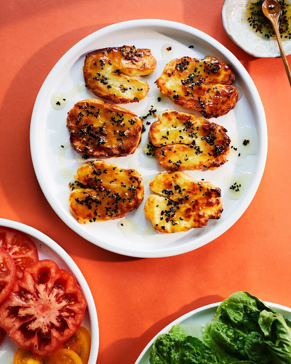 Air fryer Halloumi with spiced honey glaze.