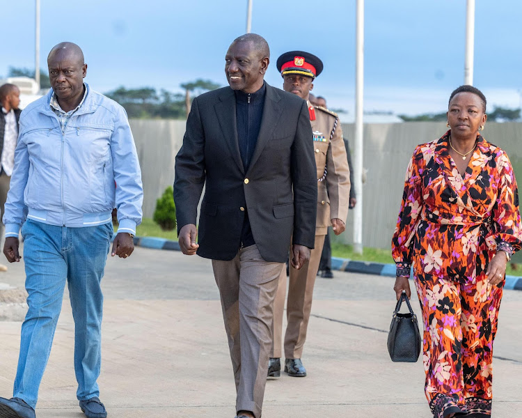 Deputy President Rigathi Gachagua sees off President William Ruto and first lady Rachel Ruto at JKIA as they depart for Rome, Italy on January 28, 2024.