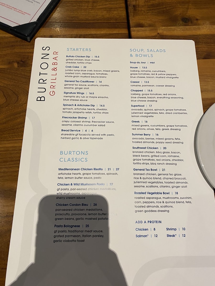 Burtons Grill & Bar gluten-free menu