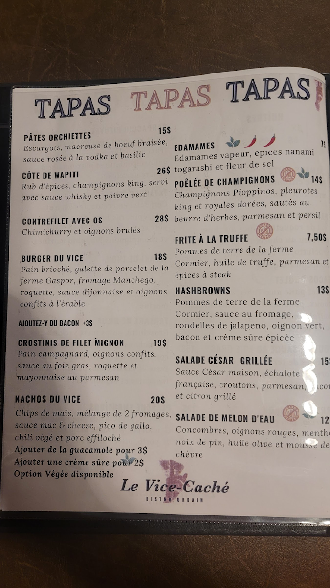 Le Vice-Caché Bistro Urbain gluten-free menu