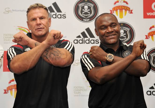 Former Orlando Pirates legends Marc Batchelor and William Okpara.