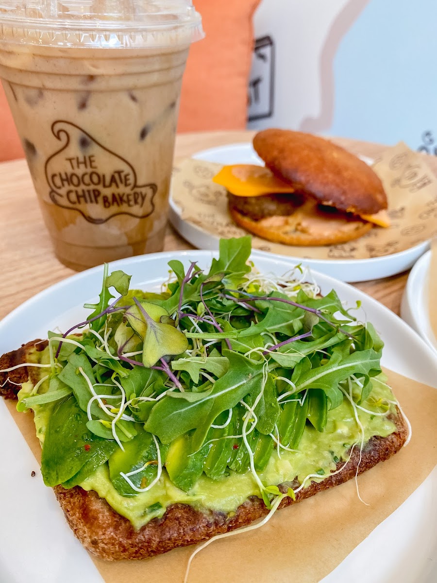 Avo toast, vegan sausage sandwich, & butterscotch latte