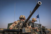 French soldiers from Barkhane military operation in Mali at shooting training in the desert in Ansongo,  Mali.