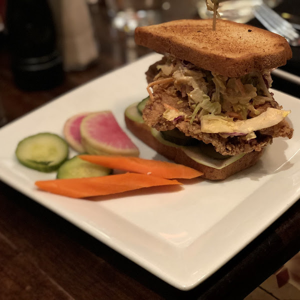 Gluten free fried chicken sandwich with fennel slaw and spicy mayo.