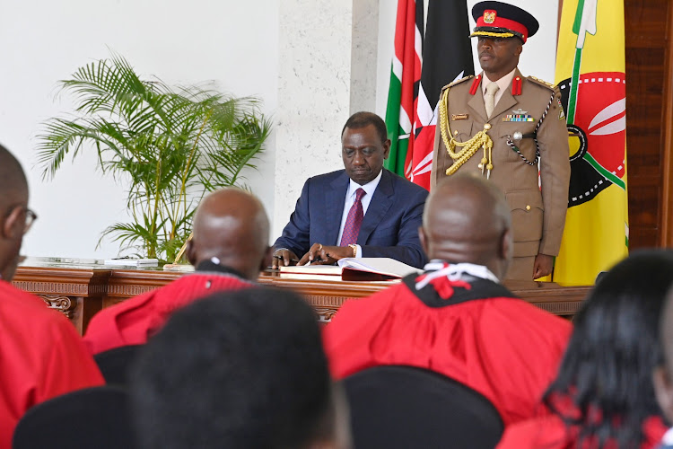 President William Ruto presides over the swearing in of newly appointed High Court judges at State House, Nairobi on May 14, 2024.