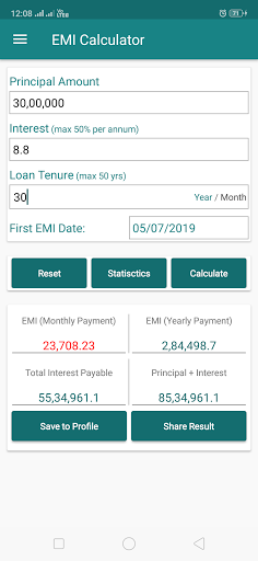 Screenshot EMI Calculator for Bank loan, 