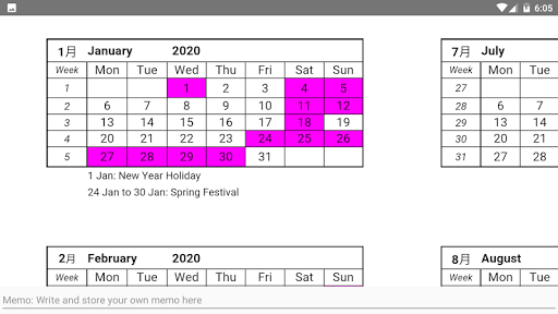 CHINA HOLIDAY CALENDAR 2020 中国休日 中国假期