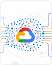 Google Cloud icon in the center connected with blue dots and lines in Google colors 