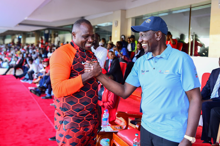 President William Ruto (right) during the Kip Keino Classic at the Moi International Stadium, Kasarani on May 13, 2023.