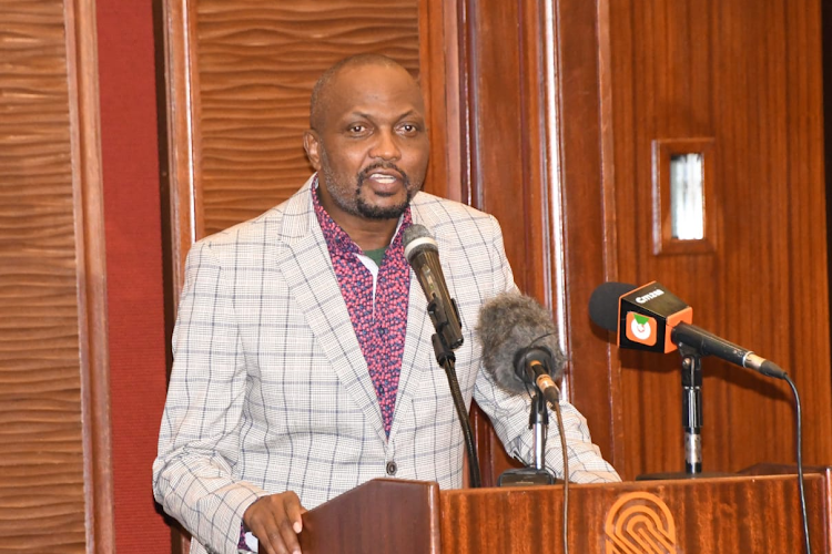 Public Service CS Moses Kuria speaking during the launch of former head of Public Service Francis Muthaura's book on November 2, 2023.