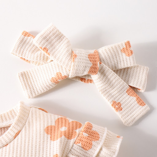 Title 4, Solid Color Waffle Print Romper with Bow Suit f...