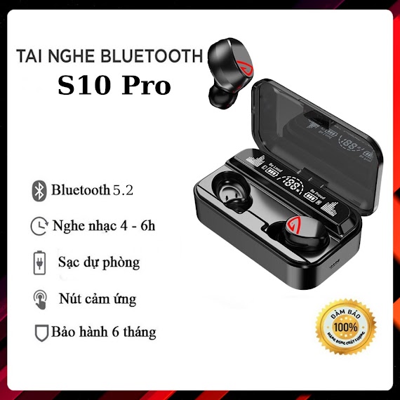 Tai Nghe Bluetooth V5.2 S10 Pro Cao Cấp, Cảm Ứng Vân Tay, Hỗ Trợ Đàm Thoại, Kiêm Sạc Dự Phòng 2200Mah