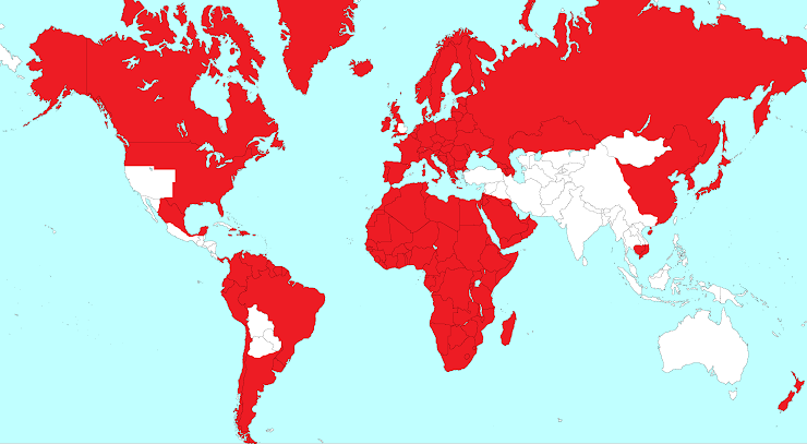 Red represents areas already claimed by a roleplayer. Note that an area being white does not necessarily mean there is no nation there, just that there is no roleplayer is there. Also note that this may be fairly incorrect, for example, India is no longer available due to recent colonization from the European powers. Same with the middle east. Other times I simply made an error, like in Western North America.