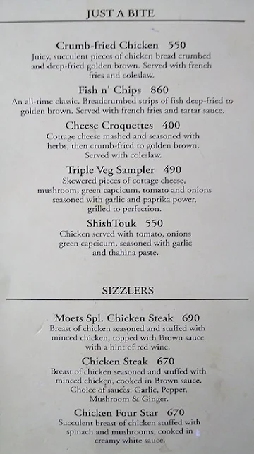 Moet's Sizzlers menu 