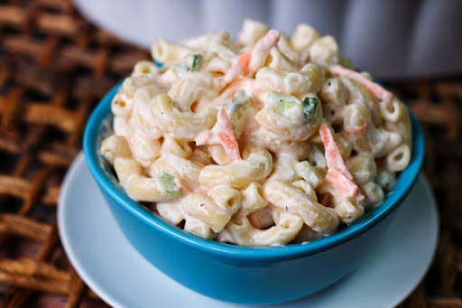 A small bowl of Hawaiian Macaroni Salad.