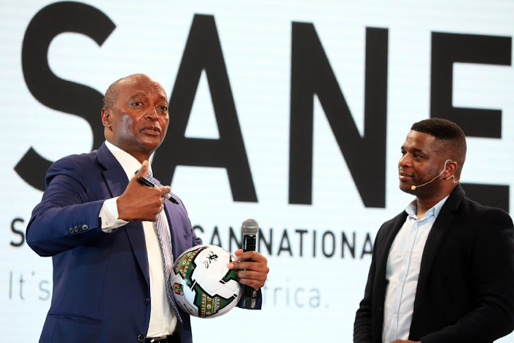 Patrice Motsepe, CAF president, with Sbu Ngalwa during his meeting with SANEF in Parktown, Johannesburg.