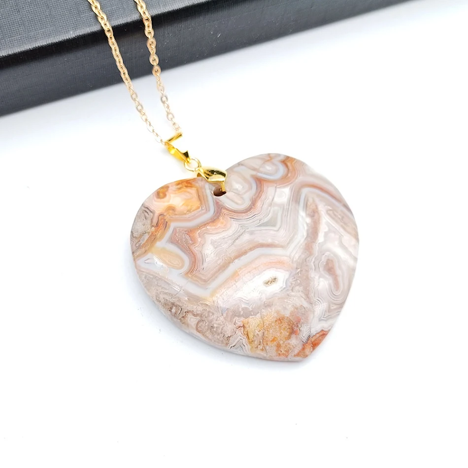 Colgante de ágata mexicana natural con forma de hoja, amor, óvalo, triángulo, irregular. Adorno colgante a rayas, único y elegante.