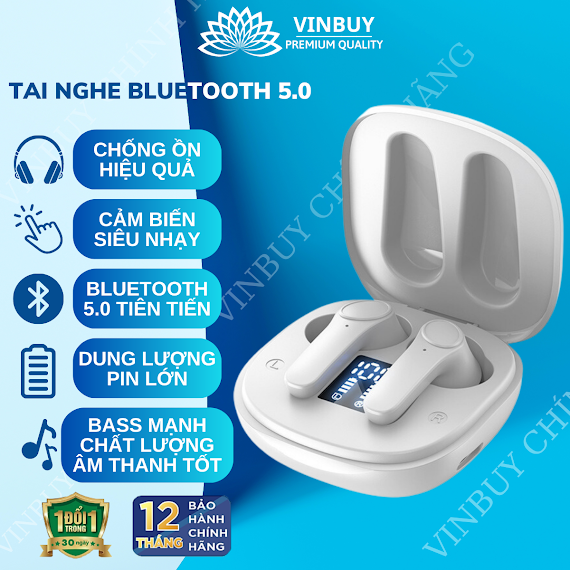 Tai Nghe Bluetooth Không Dây Nhét Tai Chống Ồn Cao Cấp V5.0 Chính Hãng Dùng Cho Iphone Samsung Oppo Vivo Huawei Xiaomi, Tai Nghe Không Dây - Hàng Chính Hãng Vinbuy