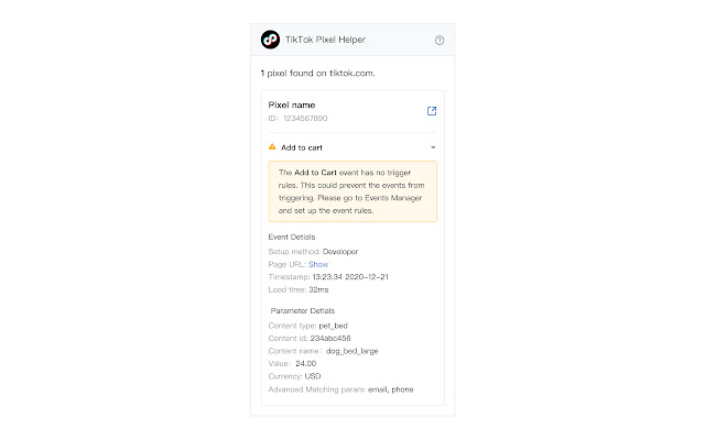 Screenshot of TikTok Pixel Helper