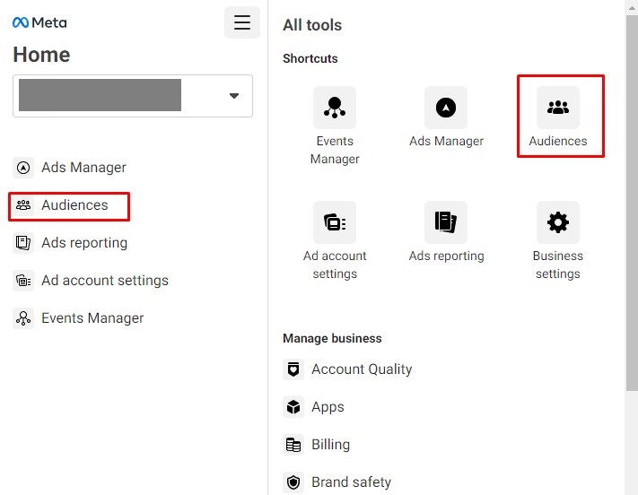 Audiences section in Ads Manager