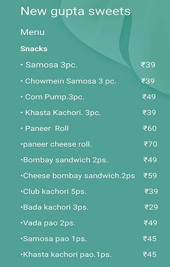 Gupta Sweets menu 