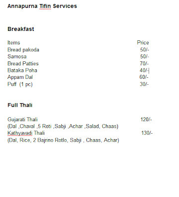 Annapurna Tiffin Services menu 