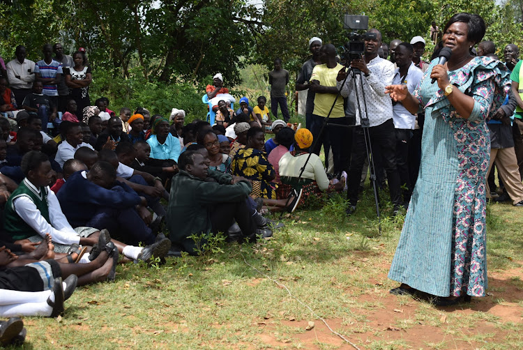 Governor Gladys Wanga speaks during distribution of bursary cheques in Rangwe constituency on December 28,2023