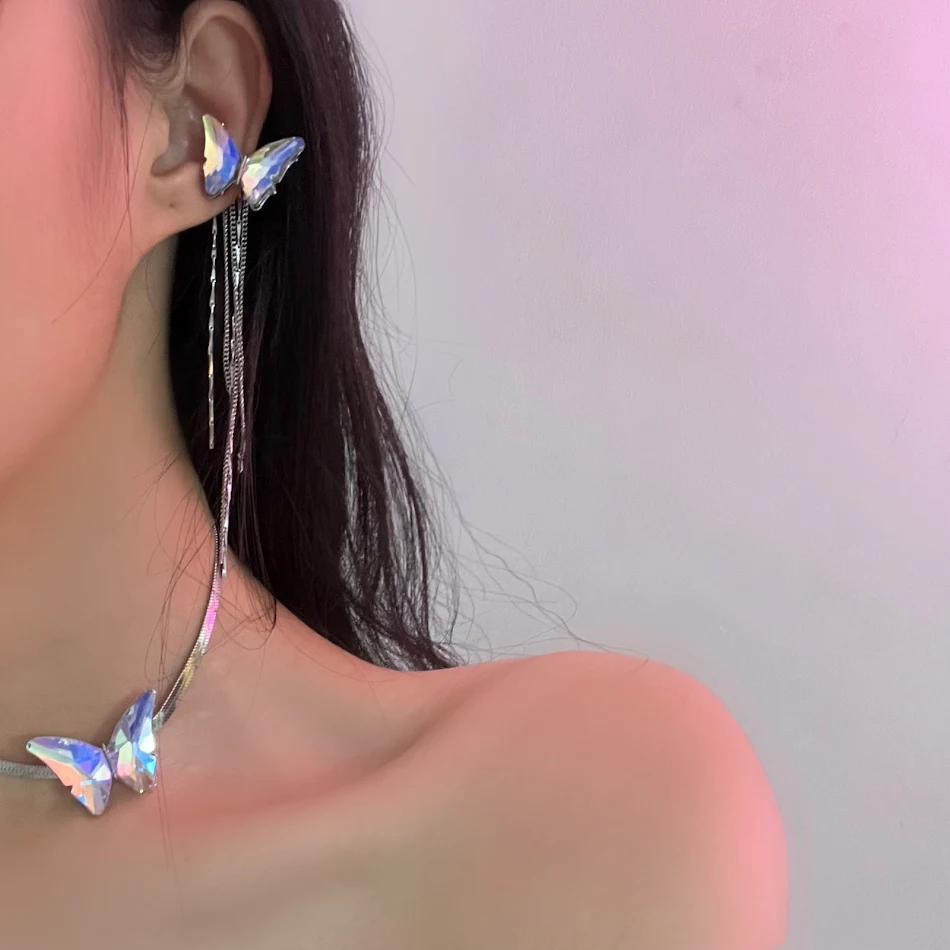 Boucles d'oreilles Streamer Butterfly avec longues franges exagérées et collier