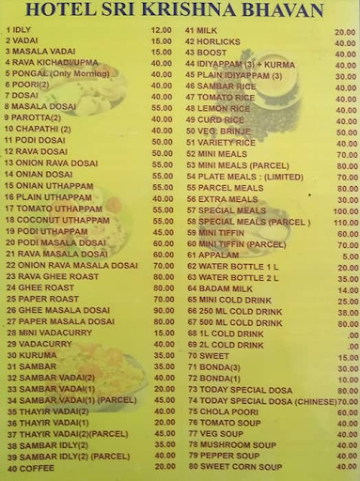 Sri Krisha Bhavan menu 