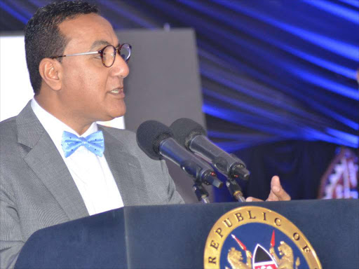 Tourism Cabinet Secretary Najib Balala addressing stakeholders in the tourism industry yesterday during the Tourism Summit held at Mombasa State House. Photo/Mkamburi Mwawasi.