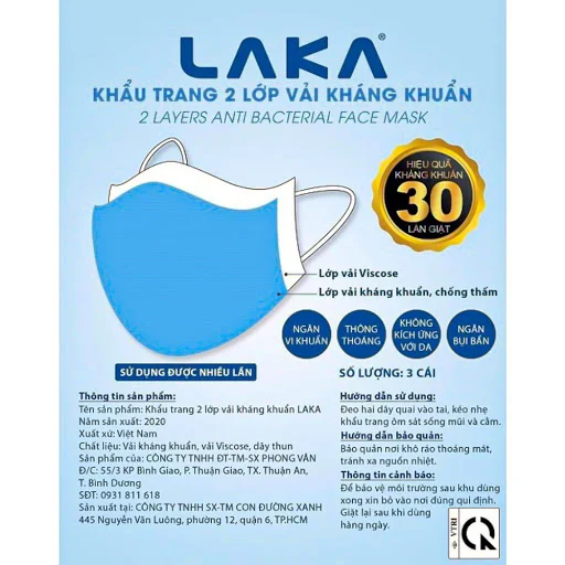 Khẩu trang vải 2 lớp kháng khuẩn LaKa 3 cái