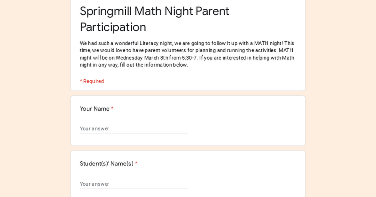 Springmill Math Night Parent Participation