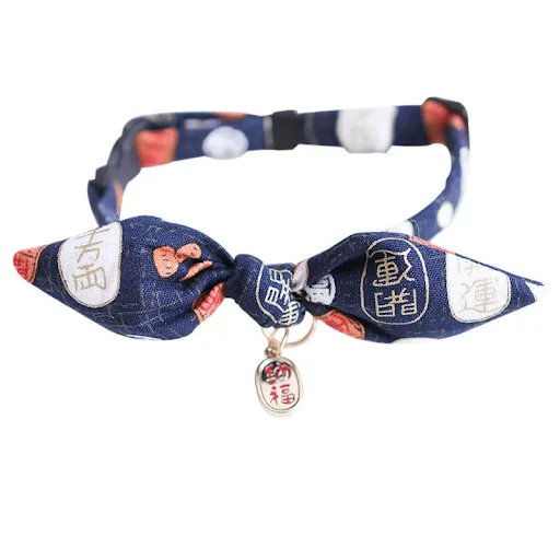 Japanese Style Printed Bowtie Cat Collar Dog Rabbit Ear Collar Bell Necklace Adjustable Jewelry Birthday Gift Kitten Acc