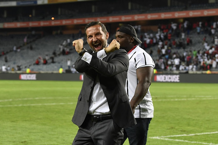 Orlando Pirates' new head coach Josef Zinnbauer greets fans during the Absa Premiership match between Orlando Pirates and AmaZulu FC at Orlando Stadium on January 25, 2020 in Johannesburg, South Africa.