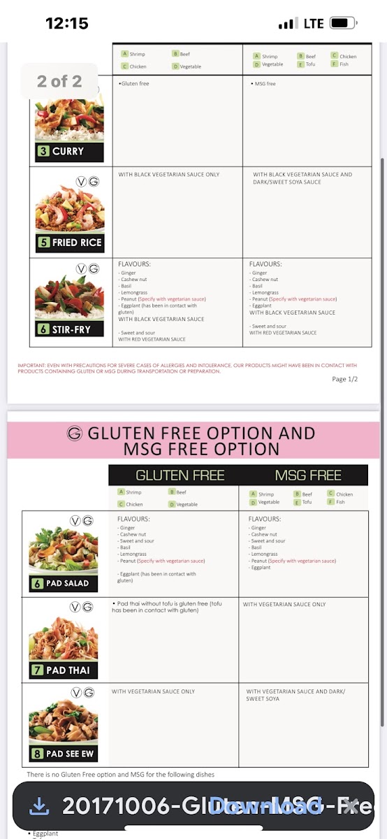 Thai Express gluten-free menu