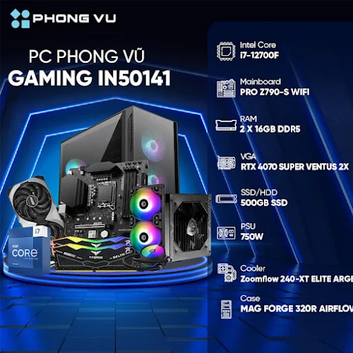 Máy tính để bàn/PC Phong Vũ Gaming IN50141 (Intel Core i7-12700F/2x16GB/500GB SSD/Nvidia GeForce RTX 4070/Free DOS)
