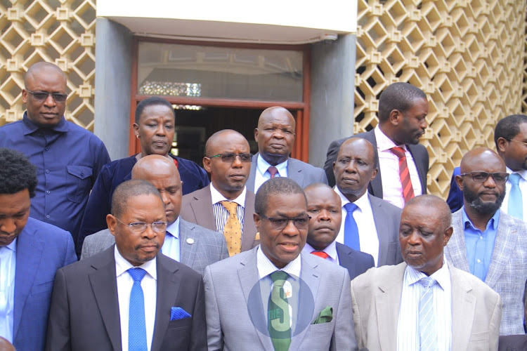 Azimio members of parliament led by minority leader Opiyo Wandayi during a press conference in parliament over sale of parastatals on March 22, 2023.