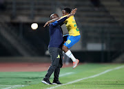 Keletso Makgalwa of Mamelodi Sundowns celebrates goal Pitso Mosimane, coach of Mamelodi Sundowns during MTN8 2019 match between Mamelodi Sundowns and Bloemfontein Celtic at Lucas Moripe Stadium, Pretoria, on 17 August 2019.