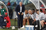 Kaizer Chiefs' German coach Ernst Middendorp reacts alongside his bench during the Caf Confederation Cup match against Elgeco Plus FC at Moses Mabhida Stadium in Durban on December 15, 2018.