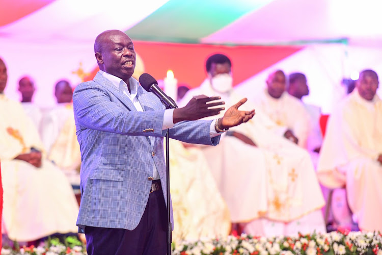 Deputy President Rigathi Gachagua speaks during a thanksgiving mass at Cardinal Otunga Mosocho High School, Kisii county, on December 16, 2023