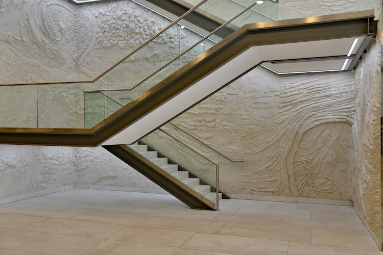 The Leonardo's entrance features a geological sculpture by Damien Grivas.