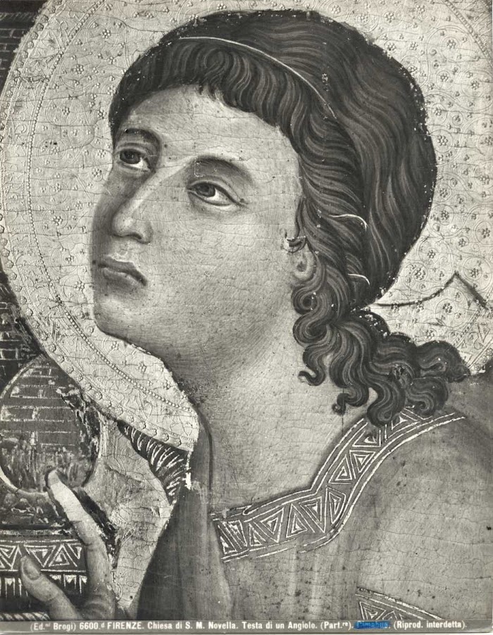 Brogi — Firenze. Chiesa di S. M. Novella. Testa di un Angiolo. (Part.re). Cimabue. — particolare
[Duccio di Buoninsegna, Madonna con Bambino in trono e angeli (Madonna Rucellai), tavola, cm 450 × 290, Galleria degli Uffizi, Firenze]