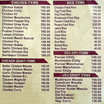 Karavali Beach menu 