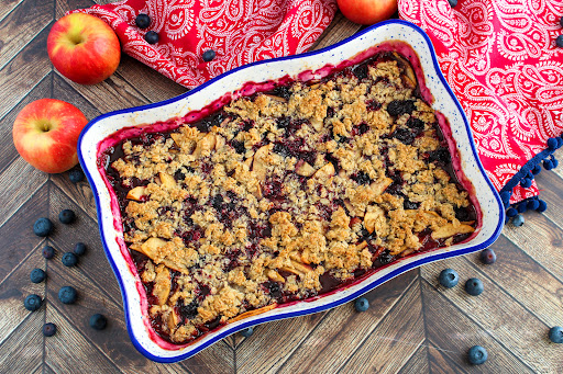 Blueberry Apple Crisp ready to be served.